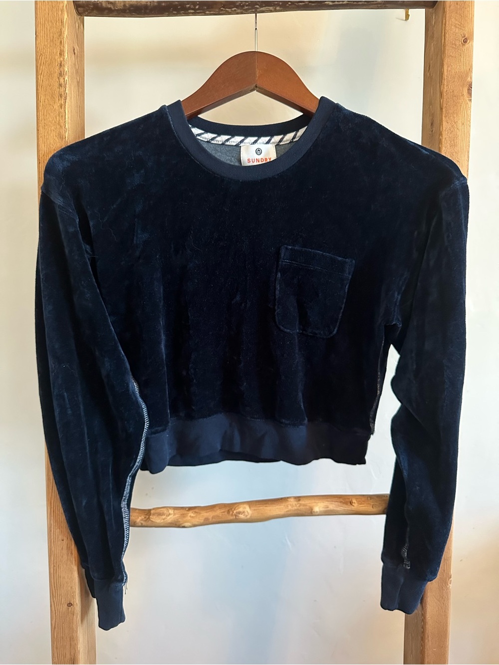 Sundry Dark Navy Velour Pocket Crewneck Sweater cropped